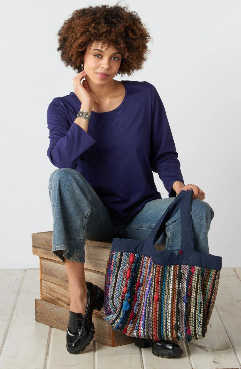 Recycled Yarn Handwoven Chindi Ellora Bag - Dark denim/Multi - Image 3