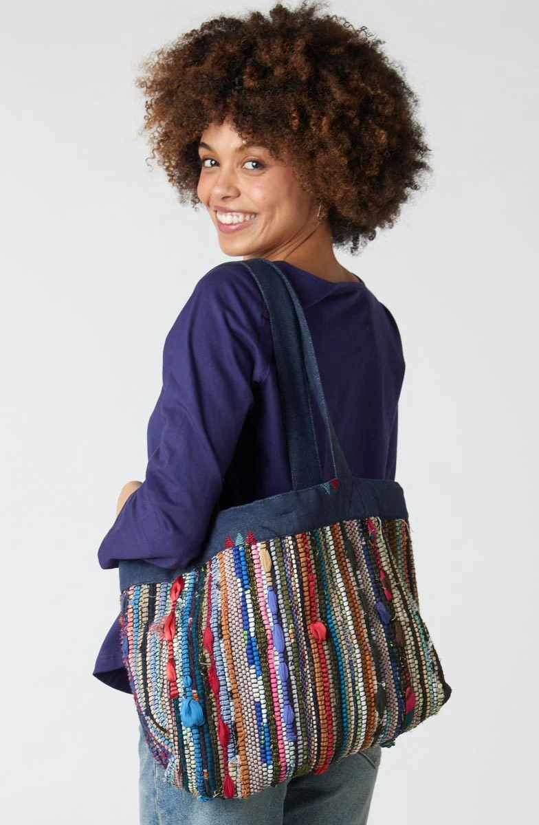 Recycled Yarn Handwoven Chindi Ellora Bag - Dark denim/Multi - Image 4