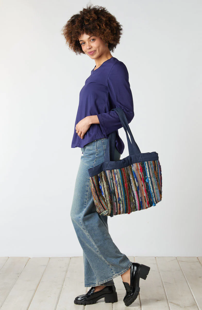 Recycled Yarn Handwoven Chindi Ellora Bag - Dark denim/Multi - Image 5