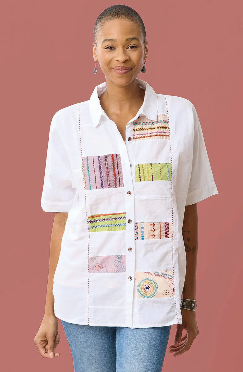 Faiza Organic Cotton Embroidered Sampler Inset Shirt - White/Multi
