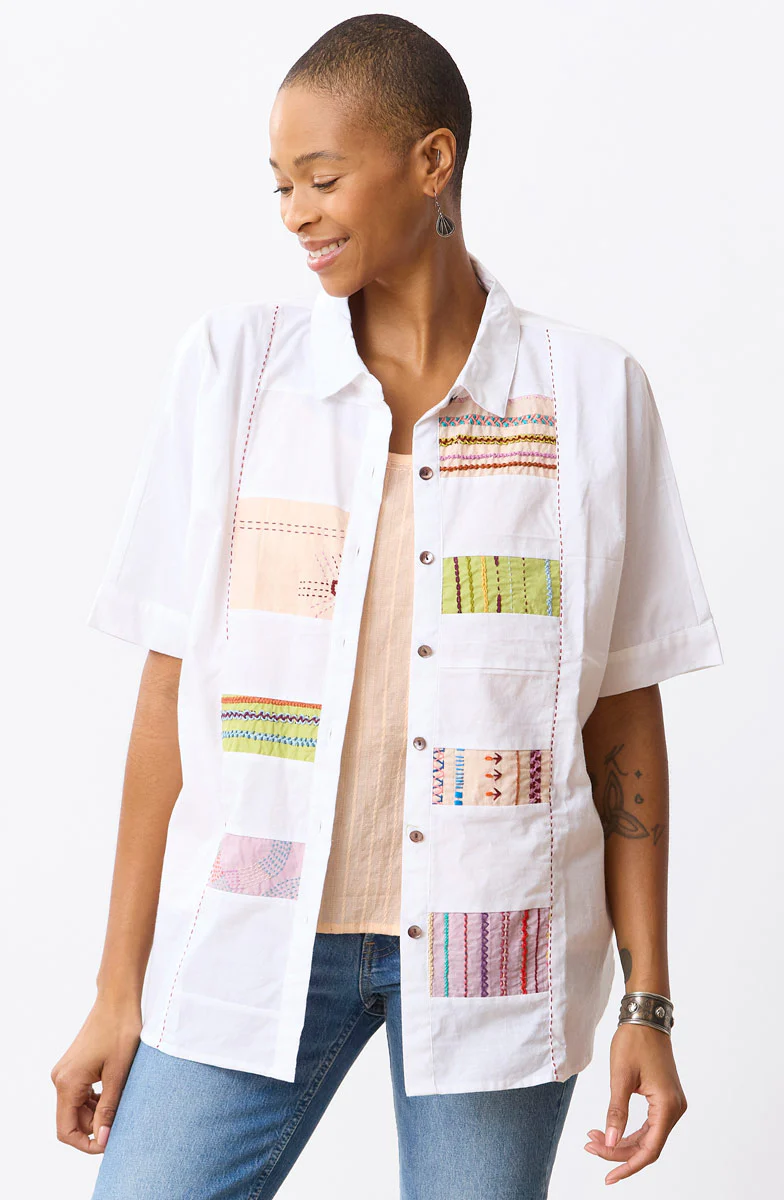 Faiza Organic Cotton Embroidered Sampler Inset Shirt - White/Multi - Image 3