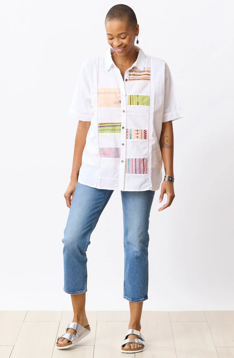 Faiza Organic Cotton Embroidered Sampler Inset Shirt - White/Multi - Image 4