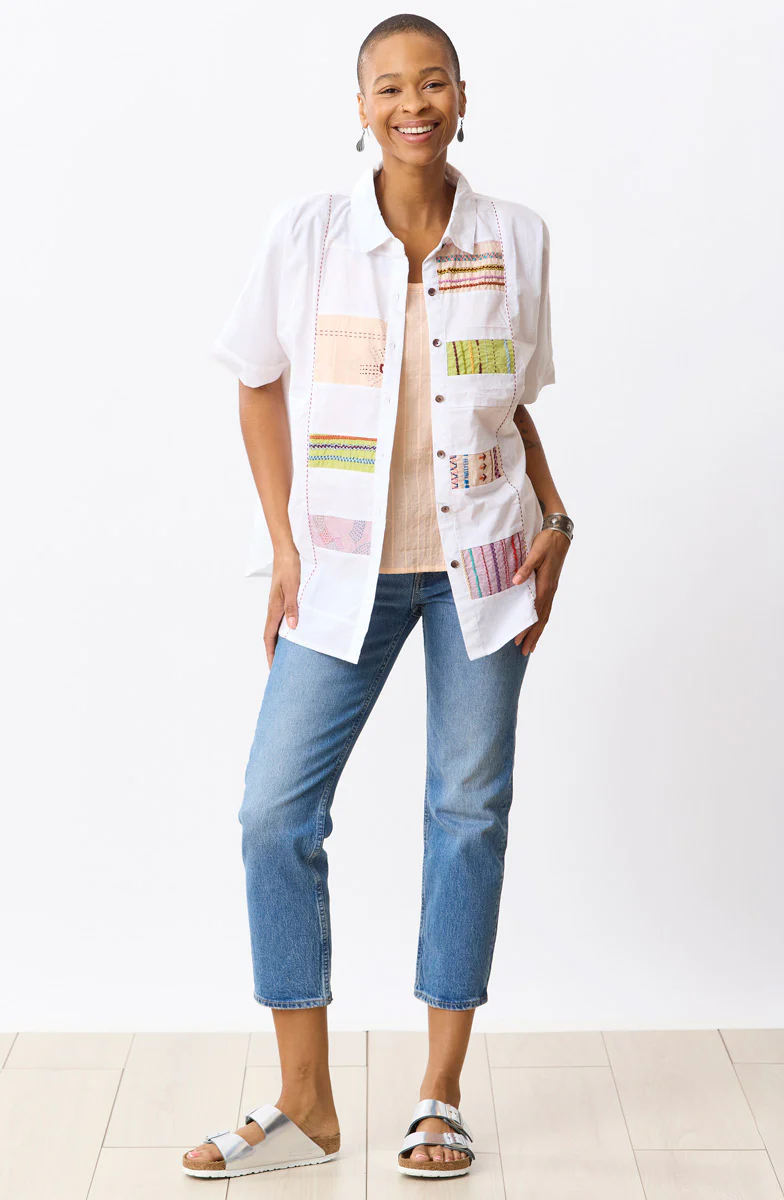 Faiza Organic Cotton Embroidered Sampler Inset Shirt - White/Multi - Image 5
