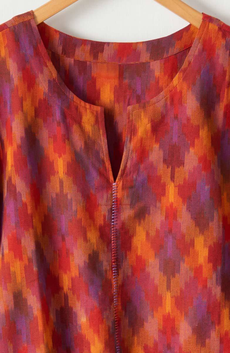 Farah Ikat Short-Sleeve Notch-Neck Top - Fire red/Multi - Image 3