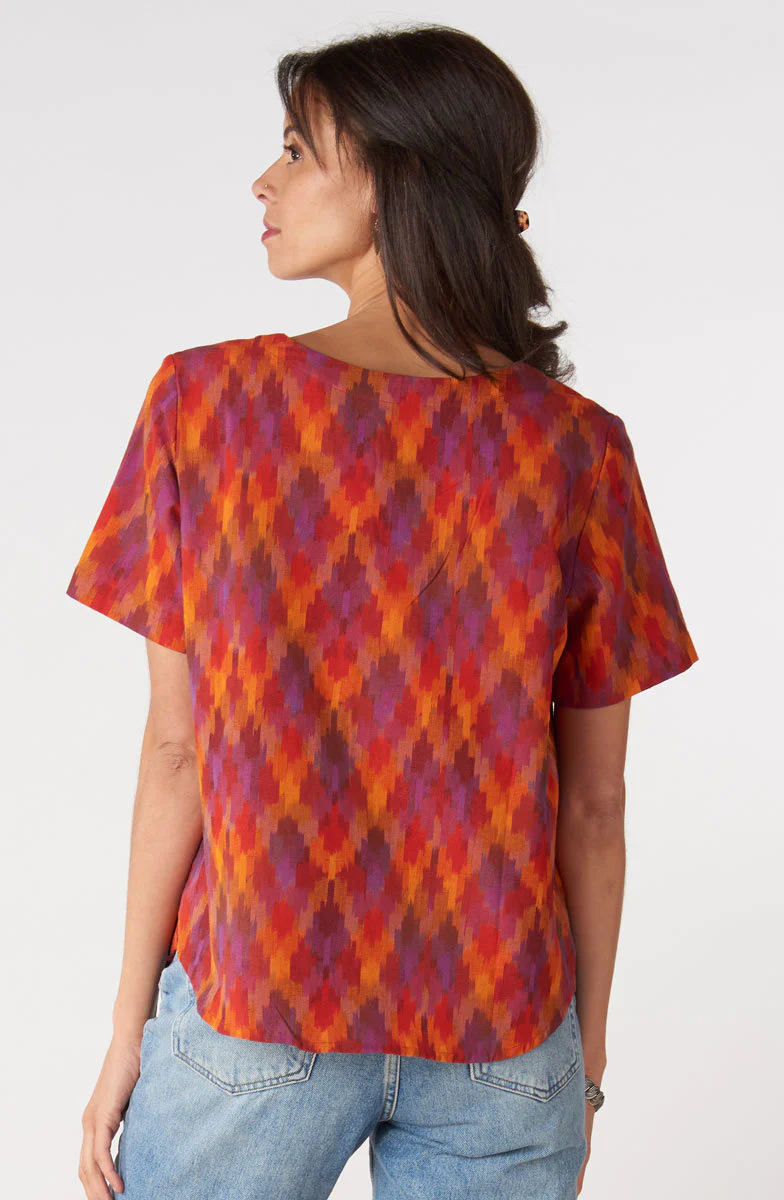 Farah Ikat Short-Sleeve Notch-Neck Top - Fire red/Multi - Image 4