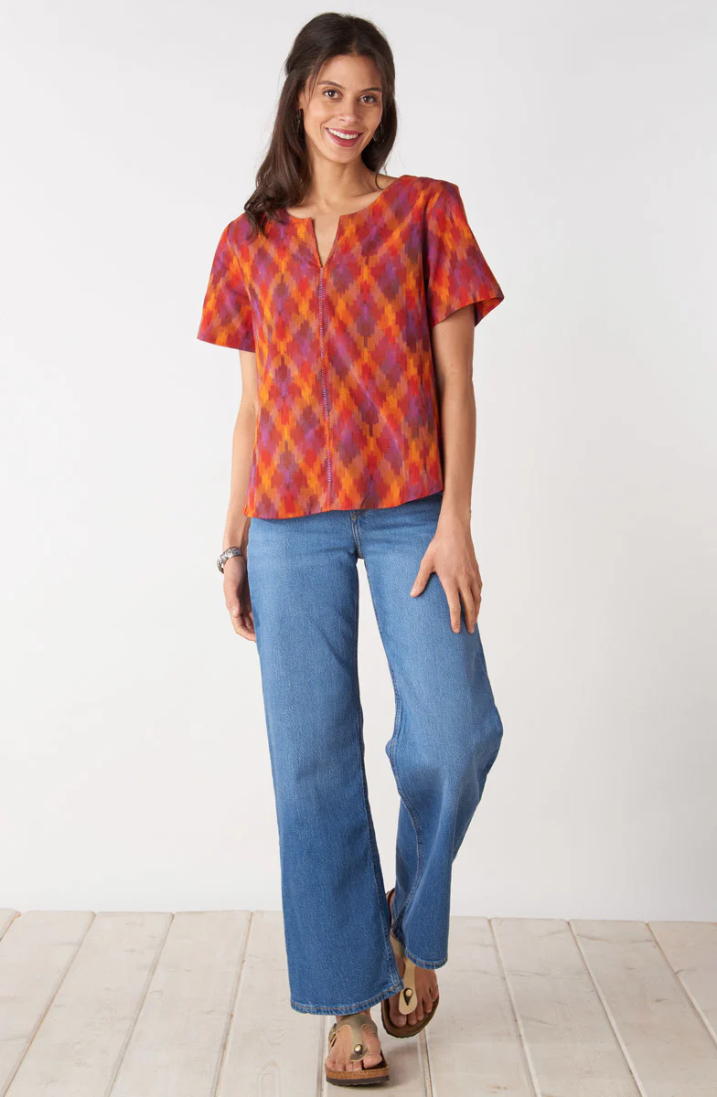Farah Ikat Short-Sleeve Notch-Neck Top - Fire red/Multi - Image 6