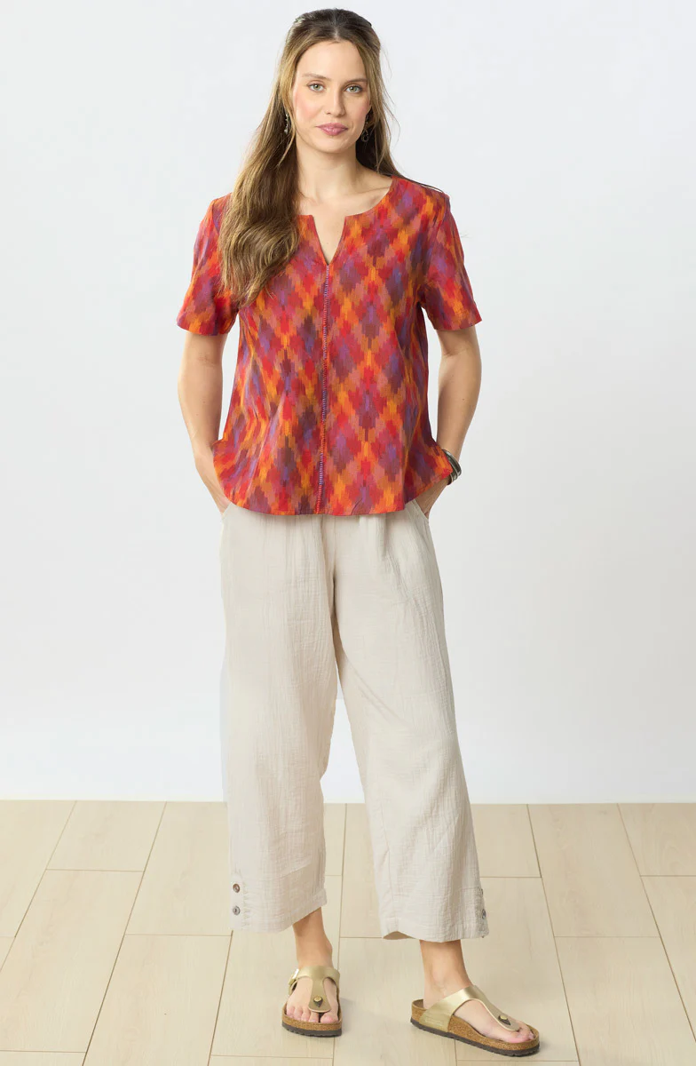 Farah Ikat Short-Sleeve Notch-Neck Top - Fire red/Multi - Image 7