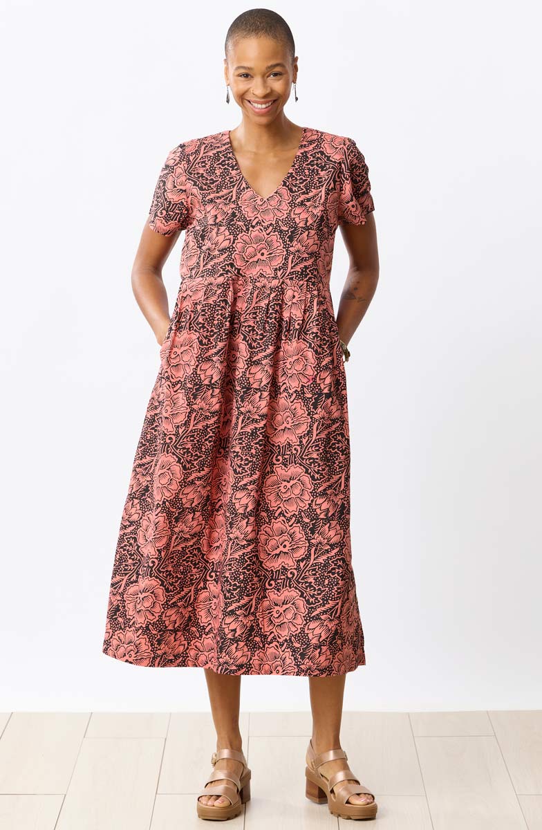 Geethali Organic Cotton V-Neck Midi Dress - Grapefruit/Ebony