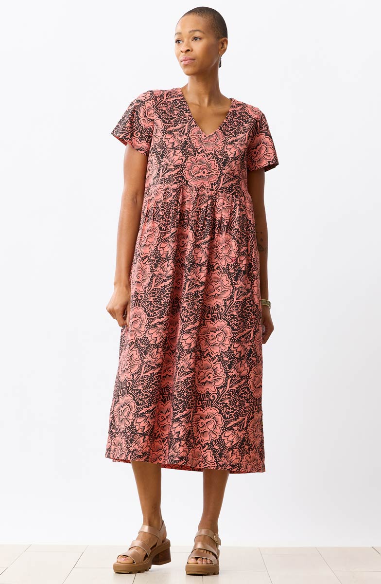 Geethali Organic Cotton V-Neck Midi Dress - Grapefruit/Ebony - Image 3
