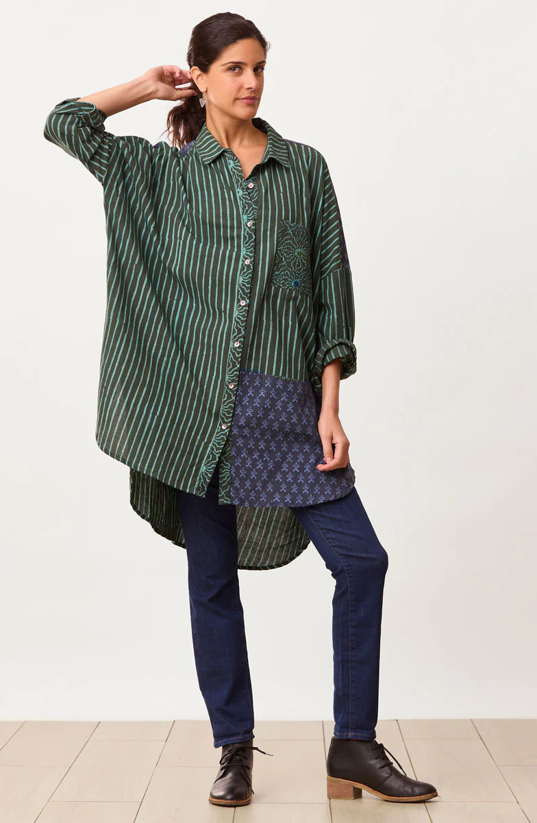 Hanifa Long-Sleeve High-Low Hem Big Shirt - Dusty teal/Multi - Image 2