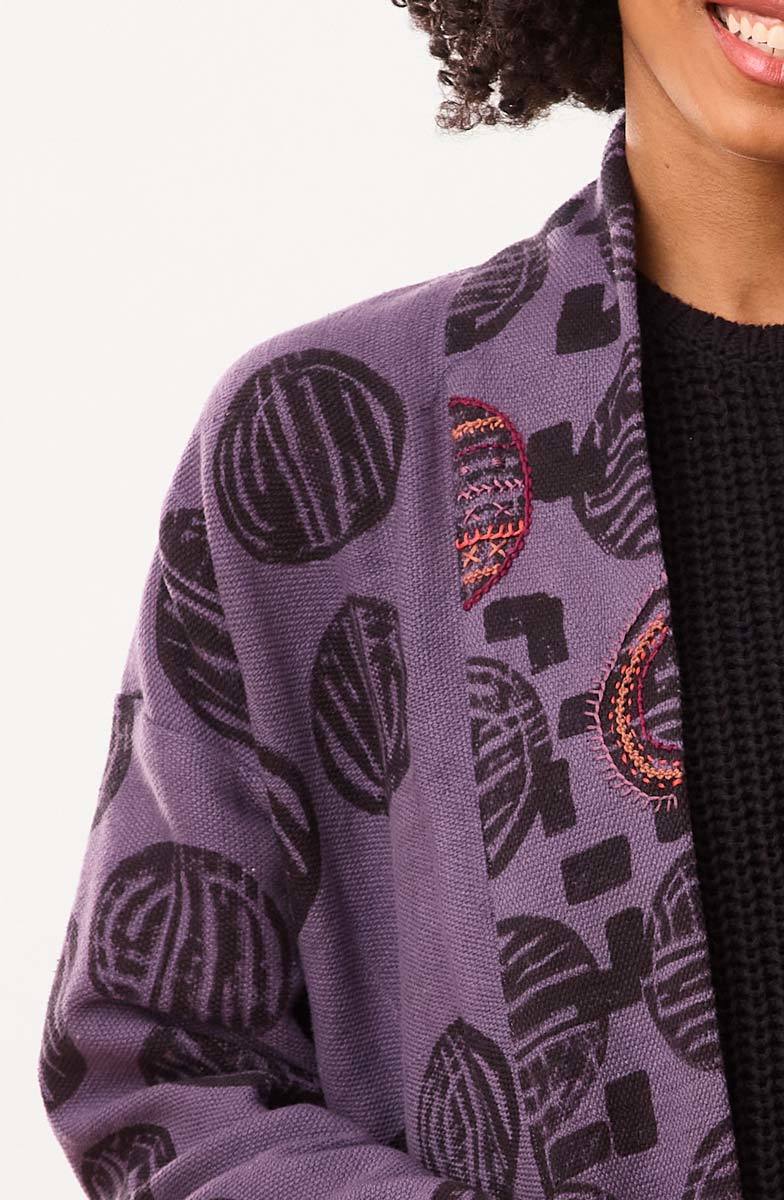 Haniya Block Print Textured Cotton Jacket - Purple - Image 3