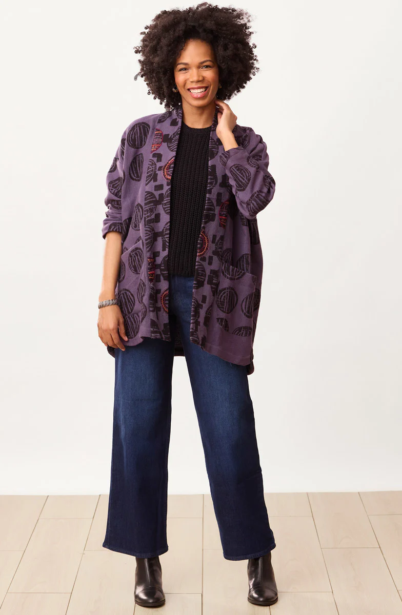 Haniya Block Print Textured Cotton Jacket - Purple - Image 5