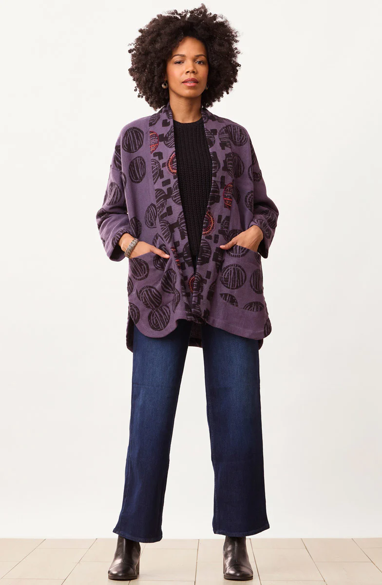 Haniya Block Print Textured Cotton Jacket - Purple - Image 6