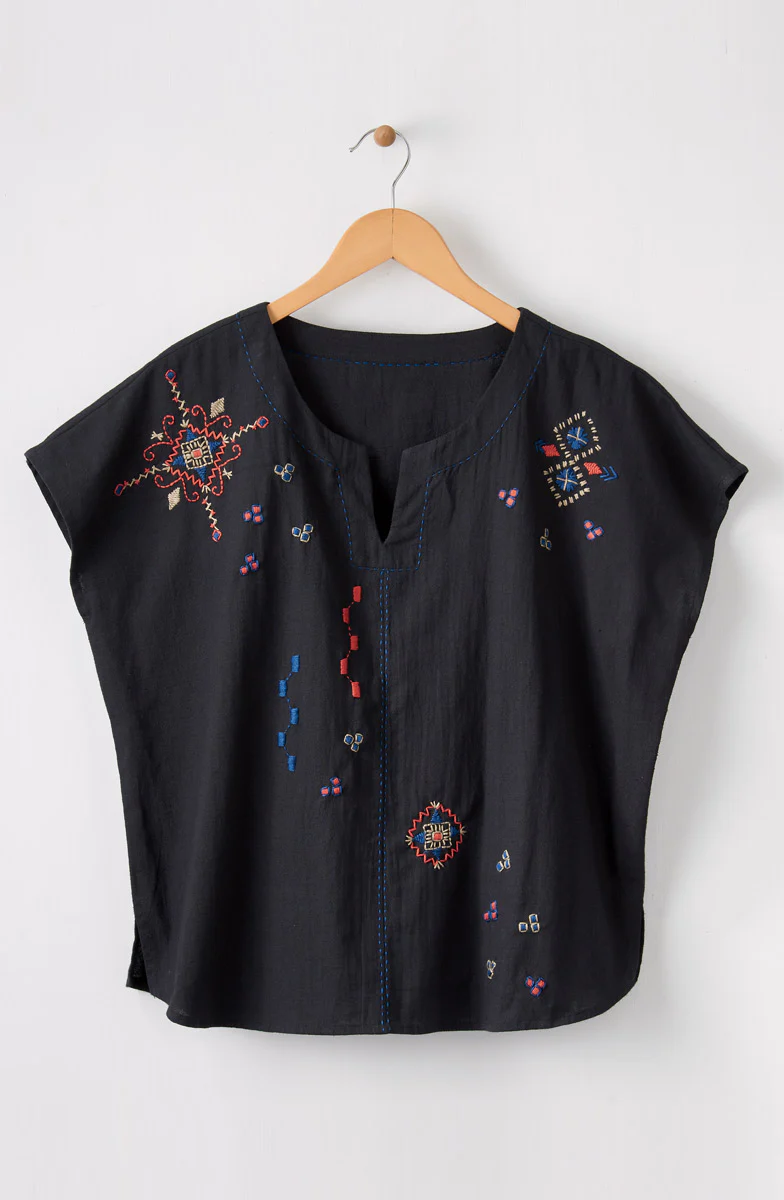Isha Embroidered Slub Cotton Notch-Neck Top - Black/Multi - Image 2