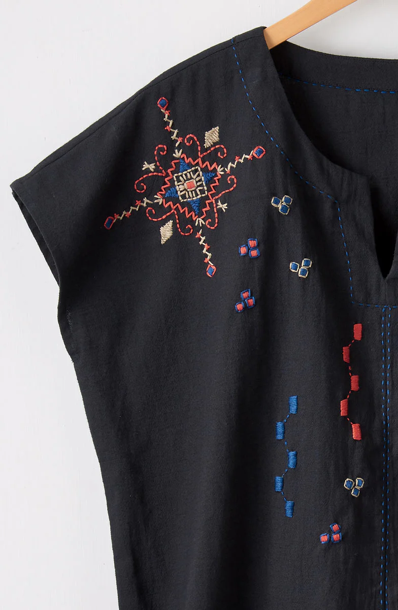 Isha Embroidered Slub Cotton Notch-Neck Top - Black/Multi - Image 3