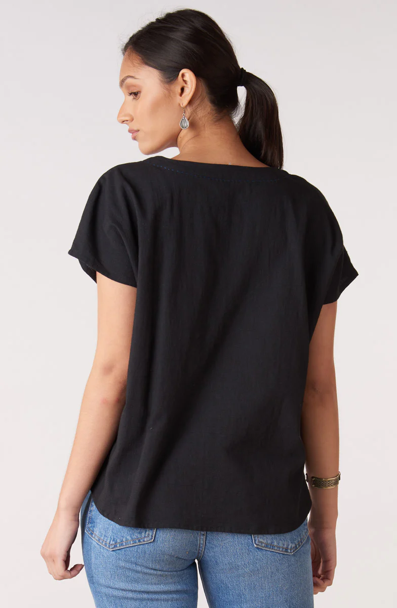 Isha Embroidered Slub Cotton Notch-Neck Top - Black/Multi - Image 4