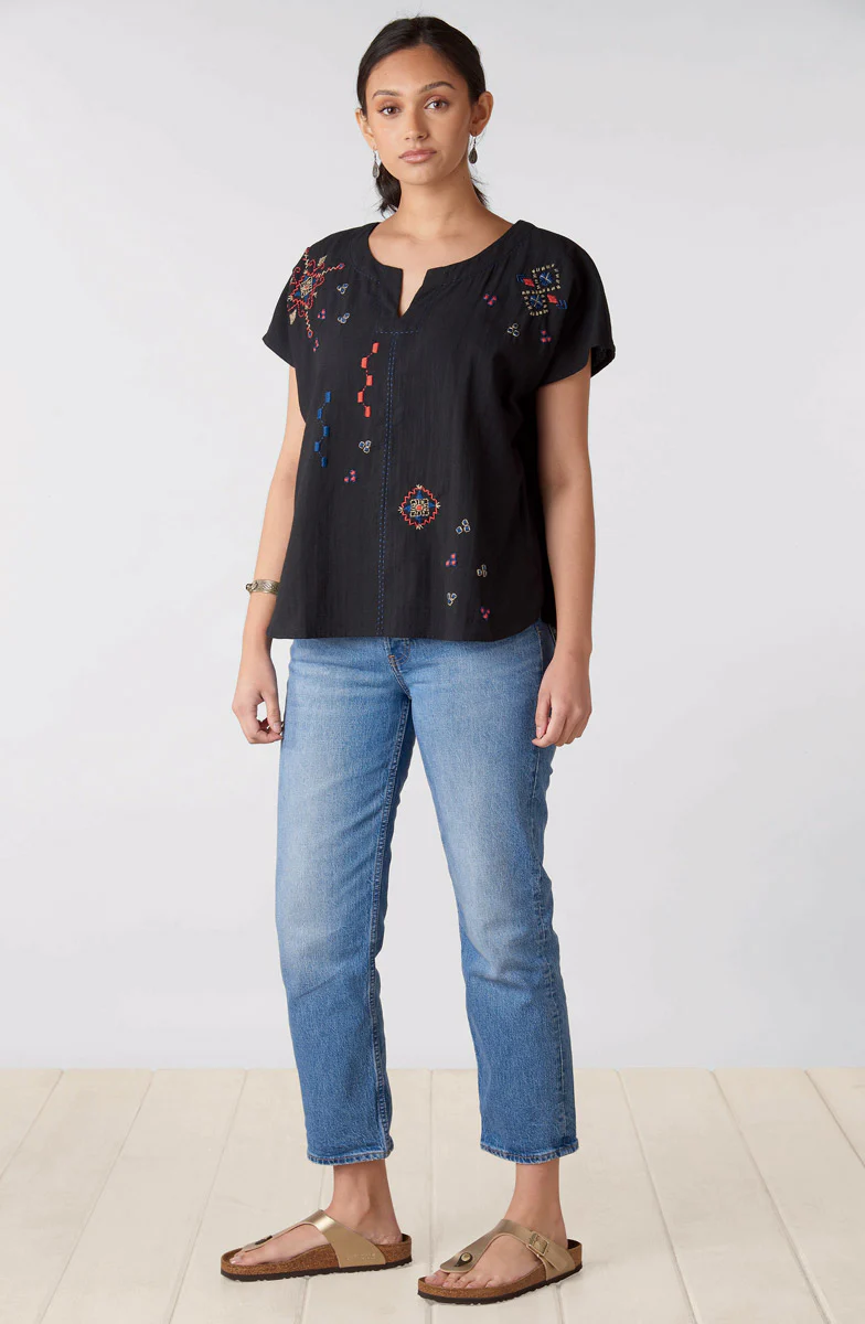 Isha Embroidered Slub Cotton Notch-Neck Top - Black/Multi - Image 5