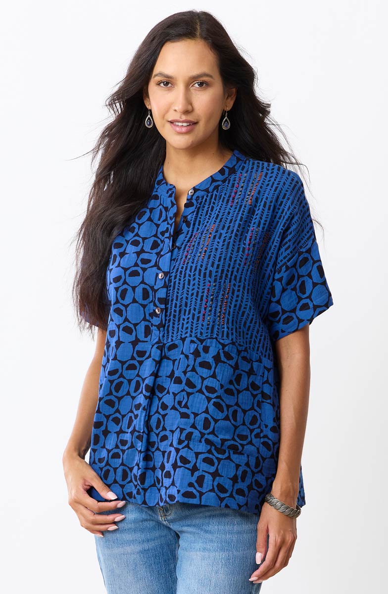 Jahnvi Double Gauze Short-Sleeve Tunic - Cobalt blue