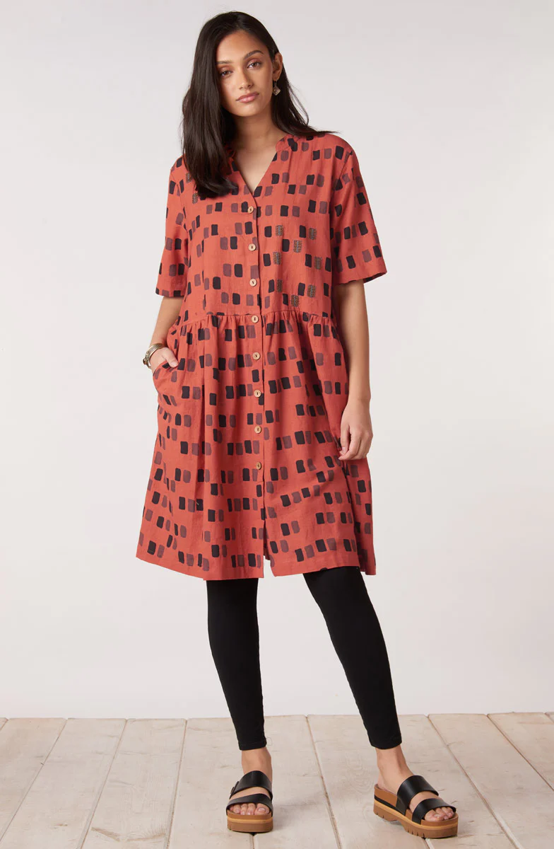 Kajol Short-Sleeve Band Collar Shirtdress - Brick/Multi