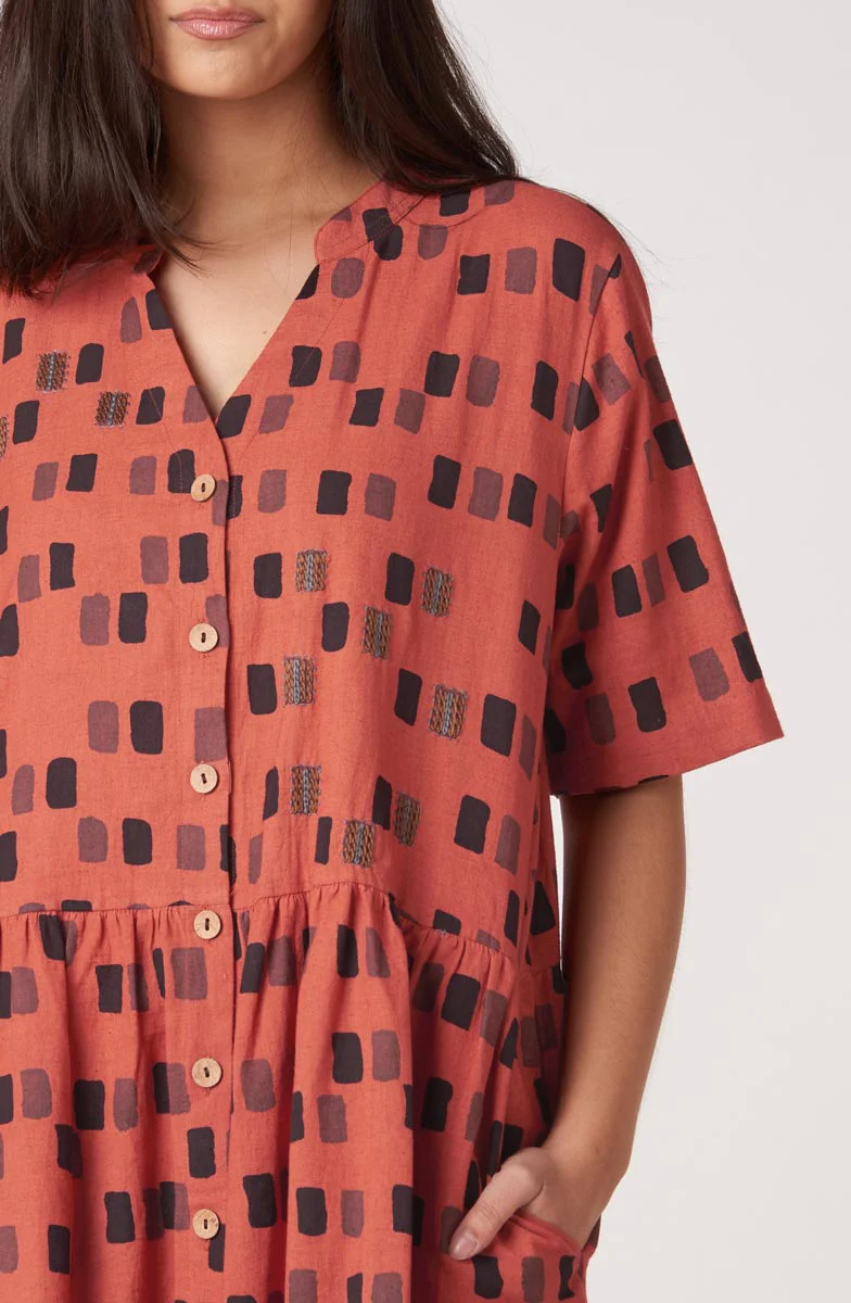 Kajol Short-Sleeve Band Collar Shirtdress - Brick/Multi - Image 2