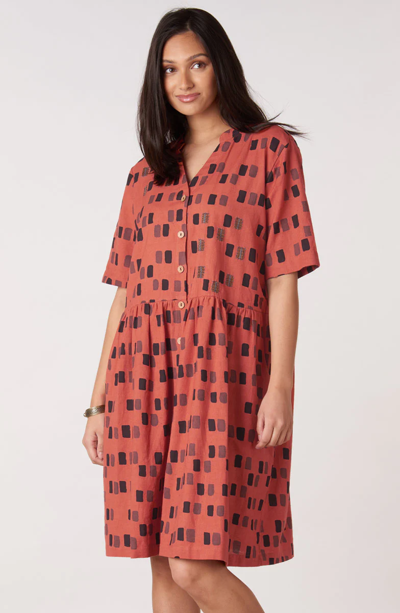 Kajol Short-Sleeve Band Collar Shirtdress - Brick/Multi - Image 3