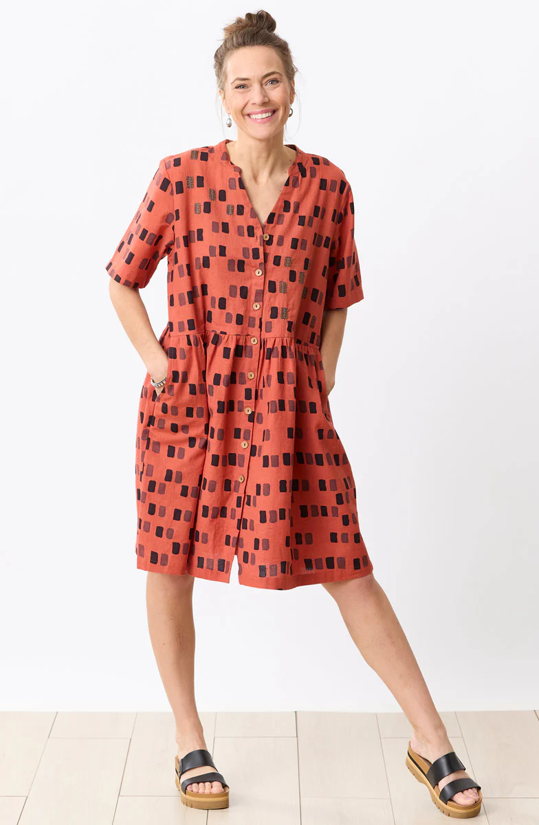 Kajol Short-Sleeve Band Collar Shirtdress - Brick/Multi - Image 4