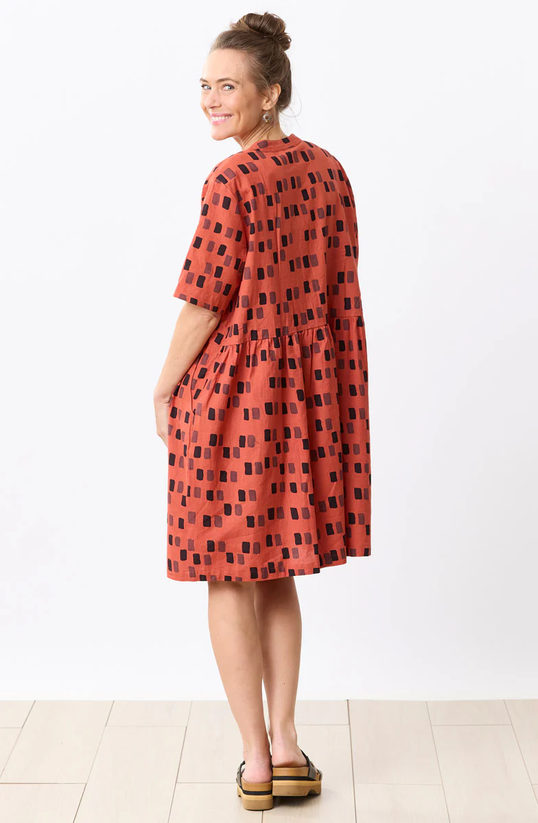 Kajol Short-Sleeve Band Collar Shirtdress - Brick/Multi - Image 5