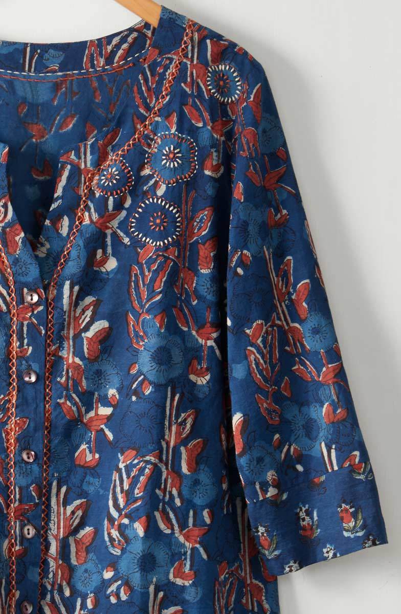 Kalini 3/4-Sleeve Button-Front Top - Indigo/Multi - Image 3