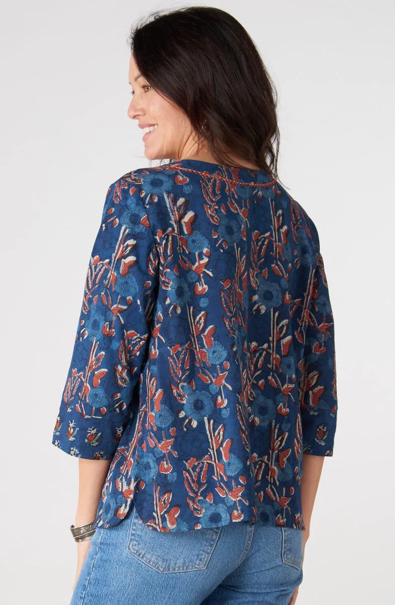 Kalini 3/4-Sleeve Button-Front Top - Indigo/Multi - Image 4
