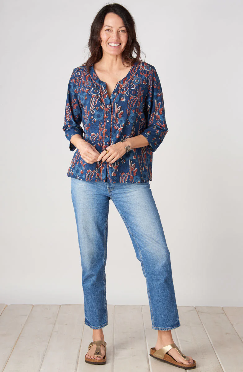 Kalini 3/4-Sleeve Button-Front Top - Indigo/Multi - Image 5