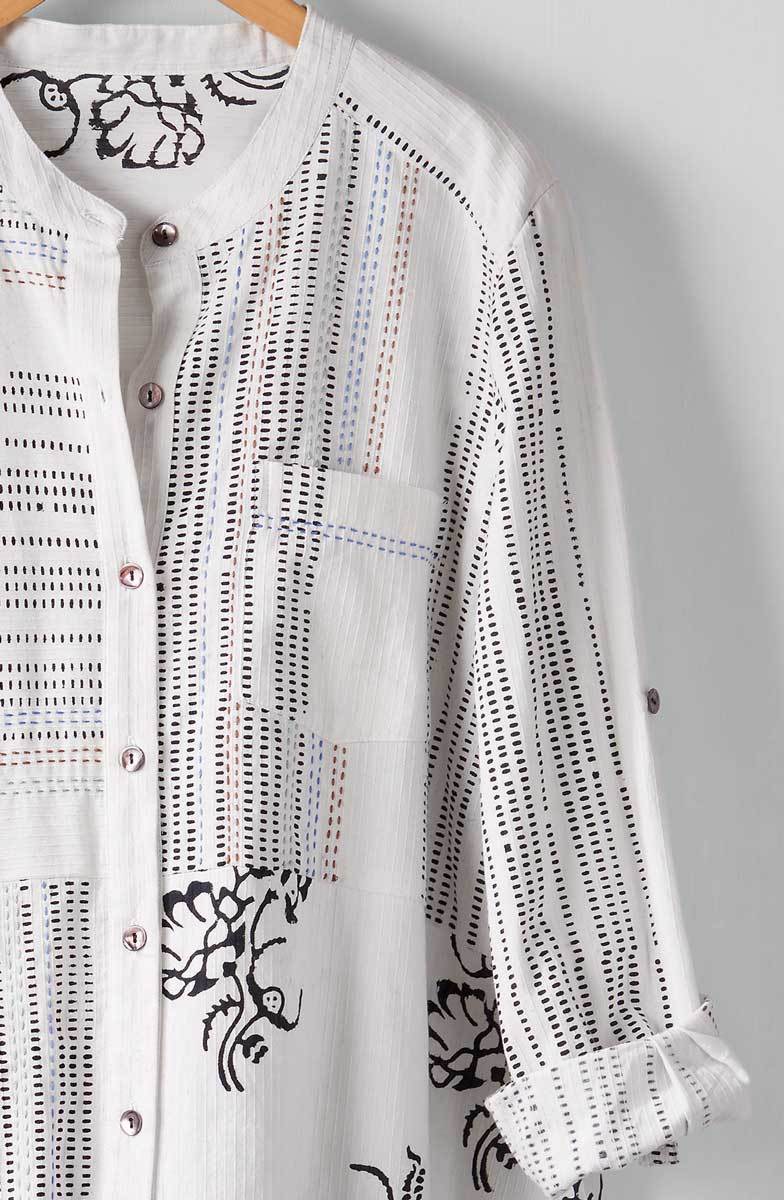 Kalpa Roll-Sleeve Handkerchief Hem Shirt - White/Black - Image 3
