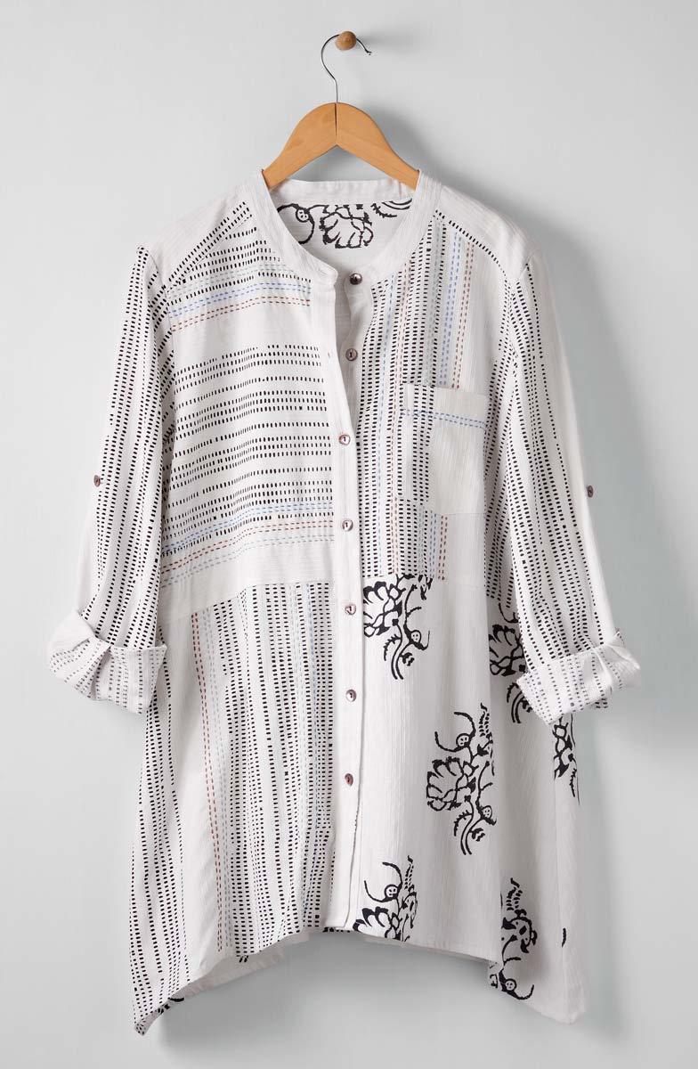 Kalpa Roll-Sleeve Handkerchief Hem Shirt - White/Black - Image 5