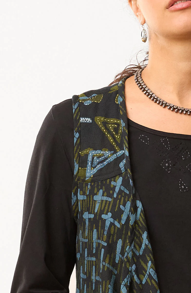 Kashi Cotton Crepe Long Vest - Charcoal/Multi - Image 3