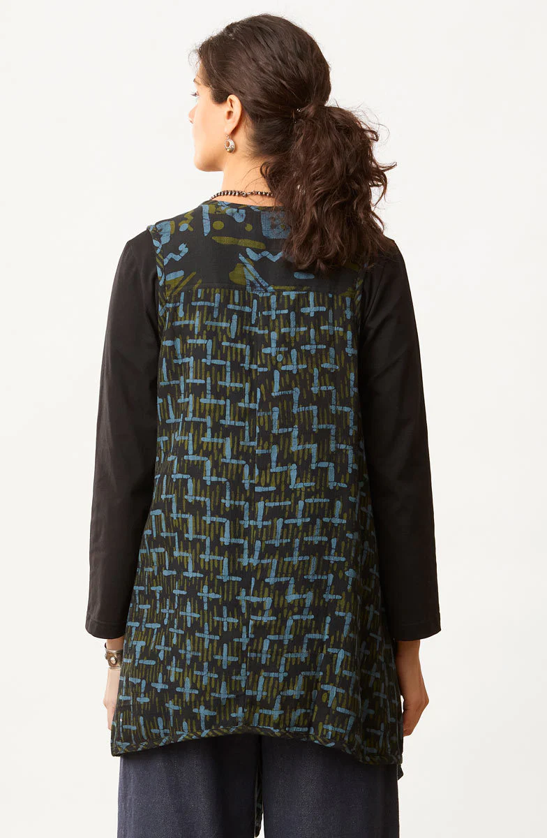 Kashi Cotton Crepe Long Vest - Charcoal/Multi - Image 4