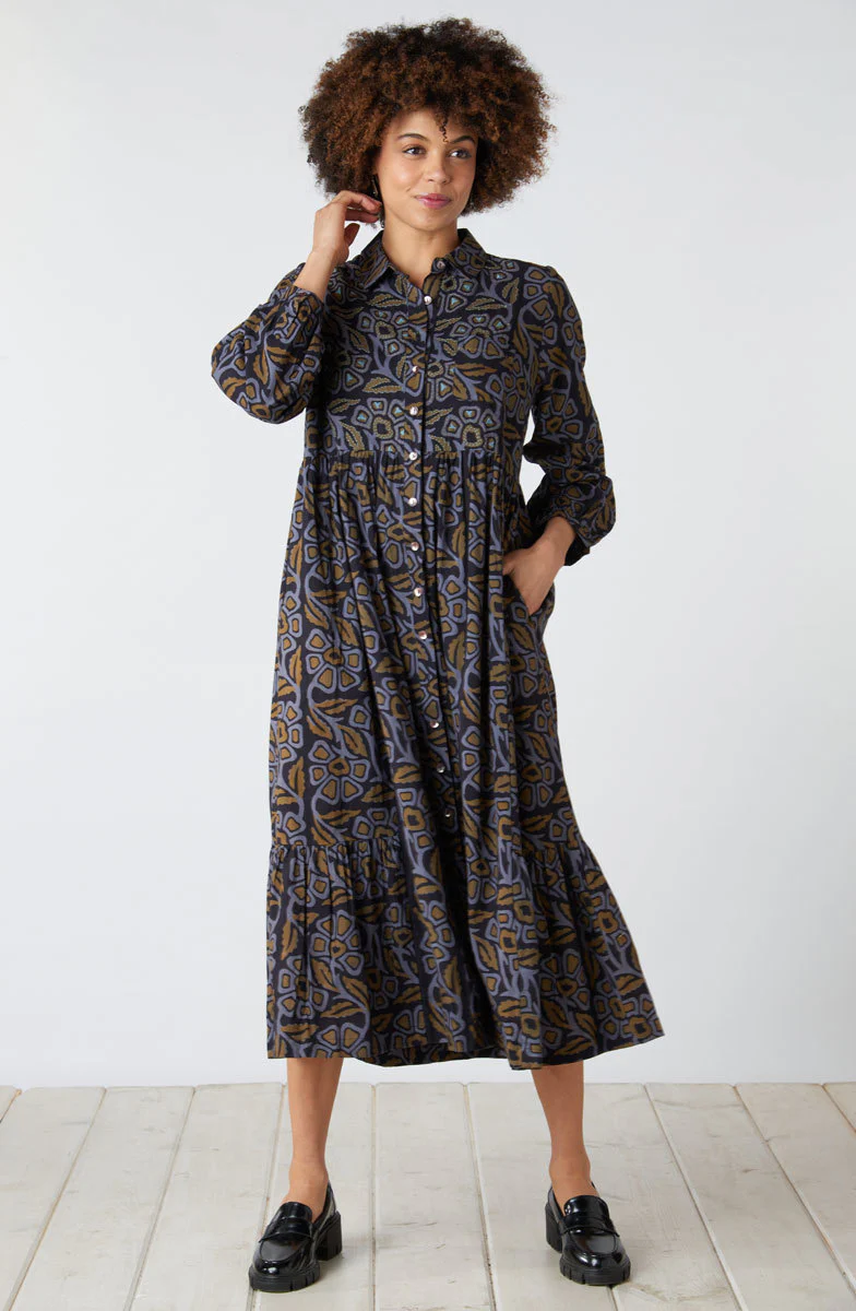Kashmira Button-Front Maxi Shirt Dress - Black/Multi