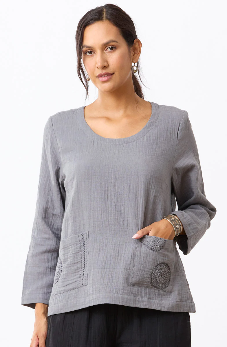 Kasuri Double Gauze Round-Neck Popover Top