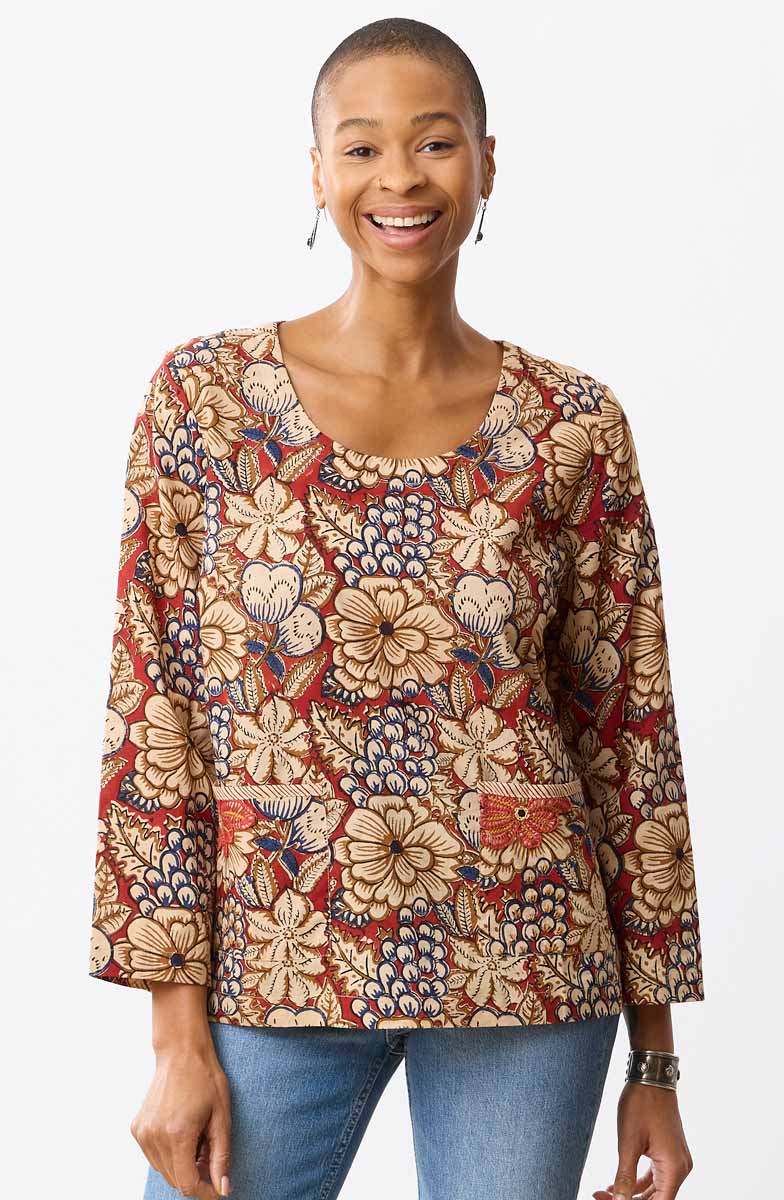 Kasuri Natural Dye Round-Neck Popover Top - Scarlet/Multi - Image 2