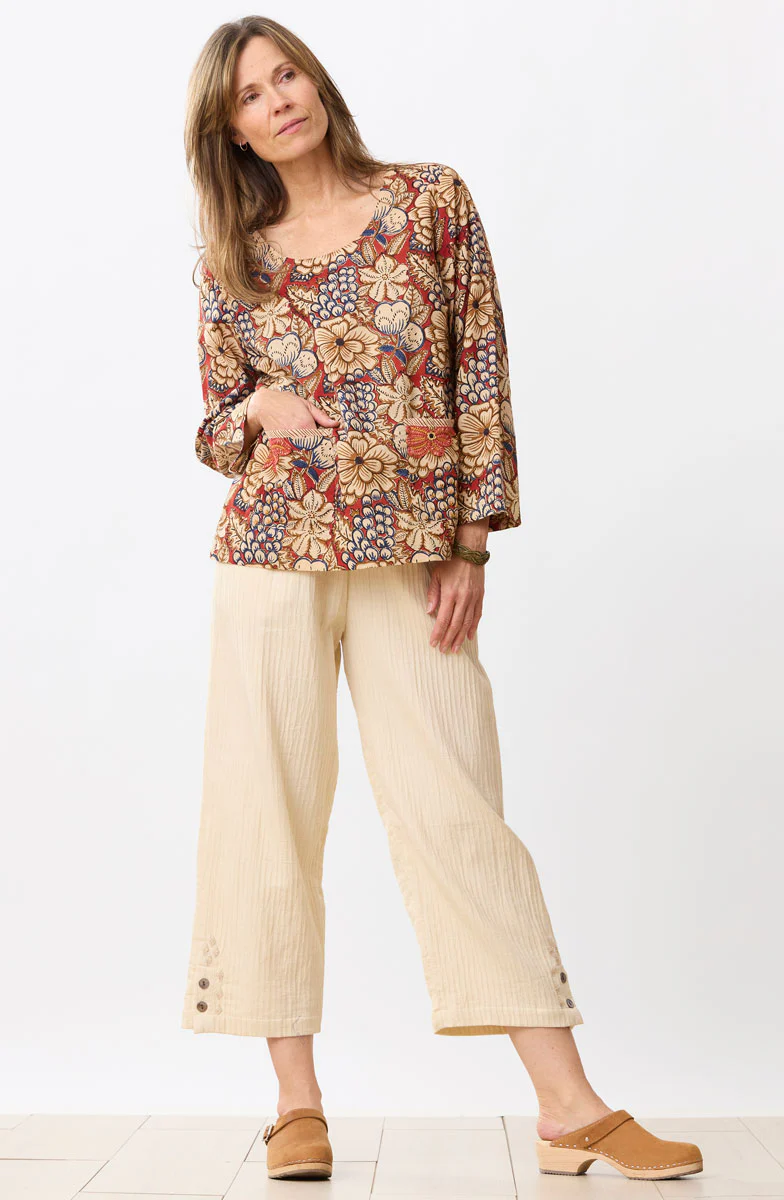 Kasuri Natural Dye Round-Neck Popover Top - Scarlet/Multi - Image 5