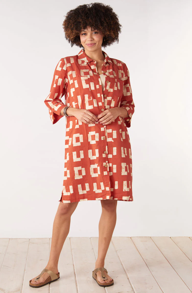 Kaveri Button-Down 3/4-Sleeve Shirtdress - Fire red/Straw