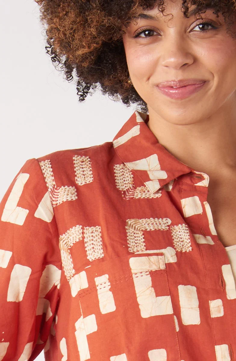 Kaveri Button-Down 3/4-Sleeve Shirtdress - Fire red/Straw - Image 2