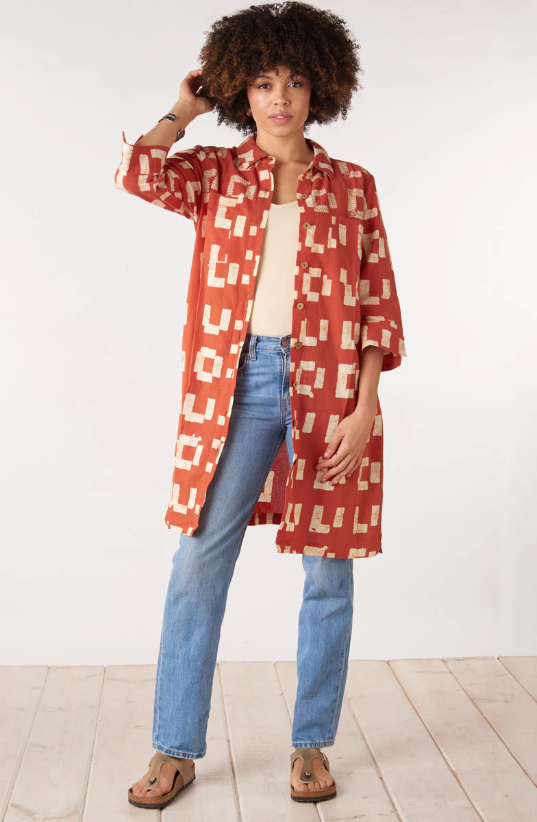 Kaveri Button-Down 3/4-Sleeve Shirtdress - Fire red/Straw - Image 4