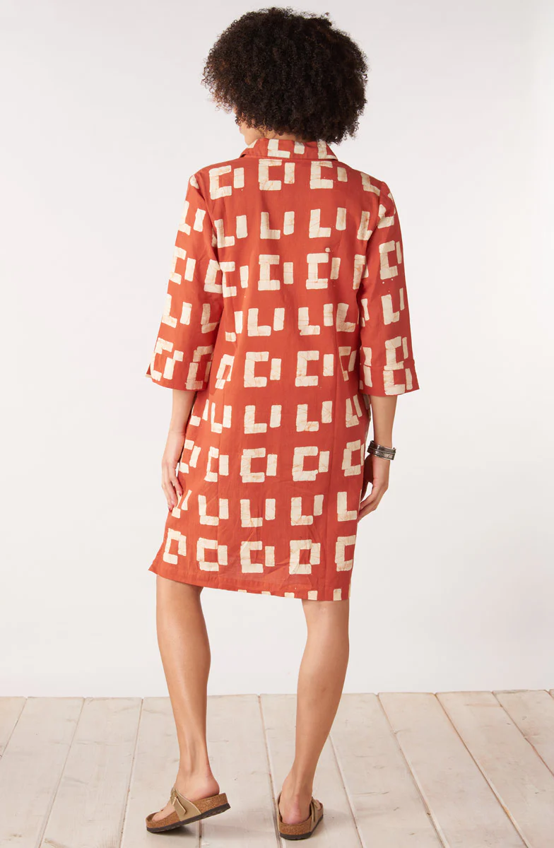 Kaveri Button-Down 3/4-Sleeve Shirtdress - Fire red/Straw - Image 5