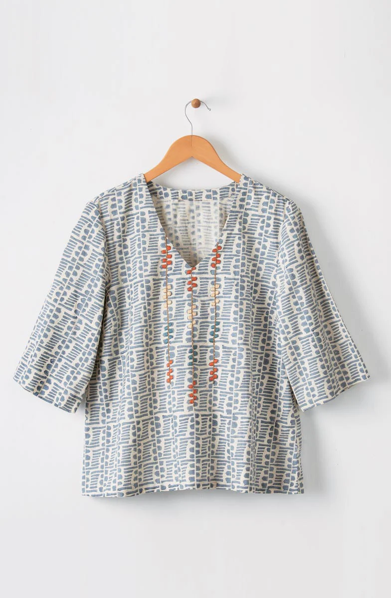 Kochi Cotton Linen V-Neck Top - Harbor blue/Natural - Image 2