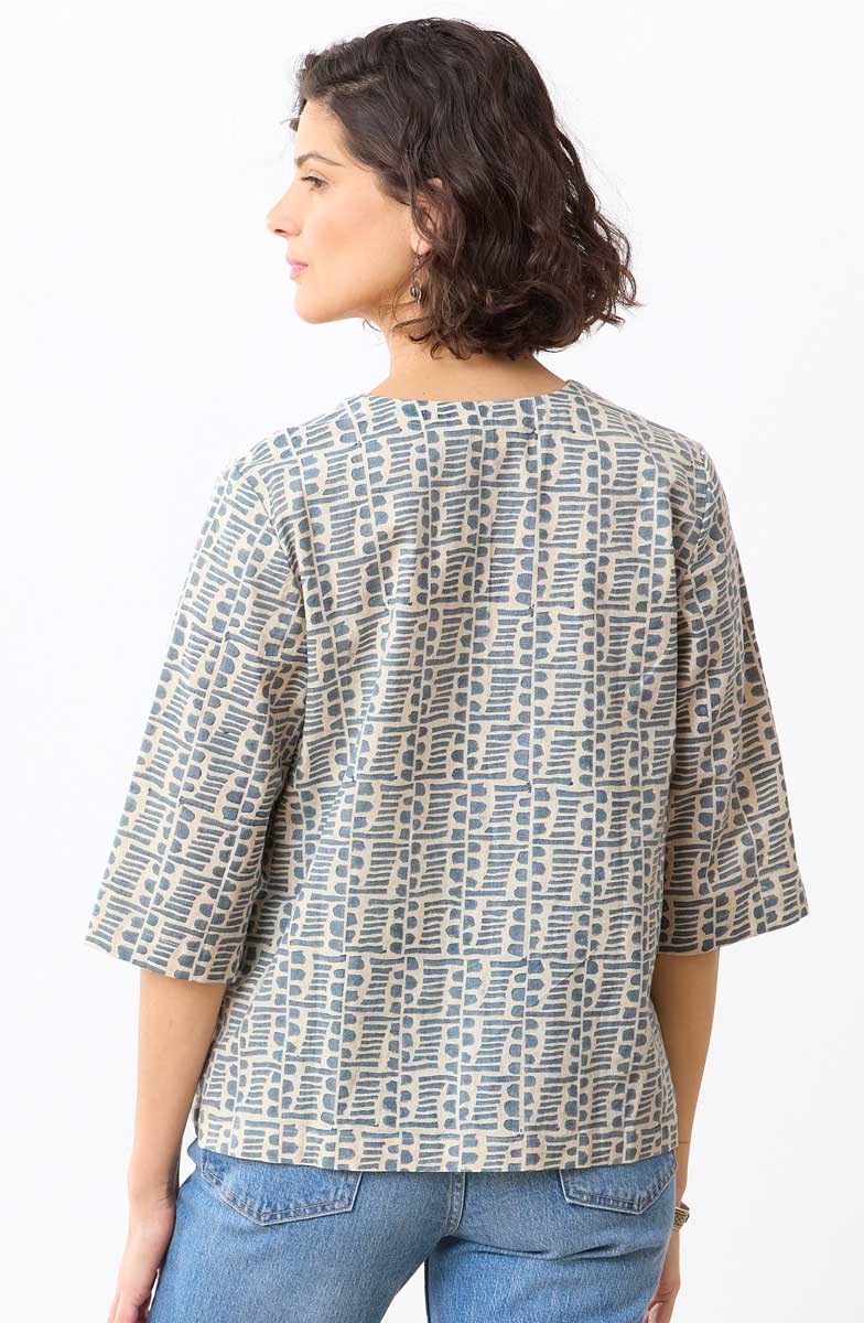 Kochi Cotton Linen V-Neck Top - Harbor blue/Natural - Image 4
