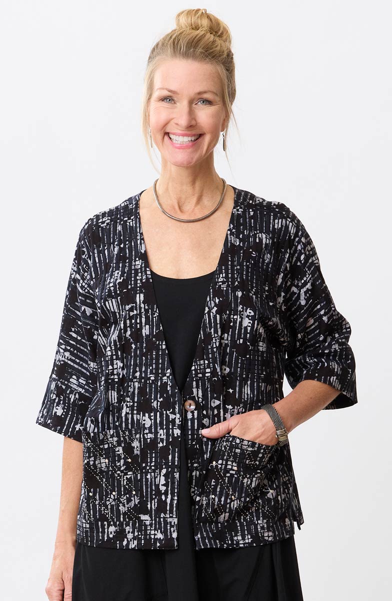 Kolkata Drop-Shoulder Batik Knit Jacket - Black