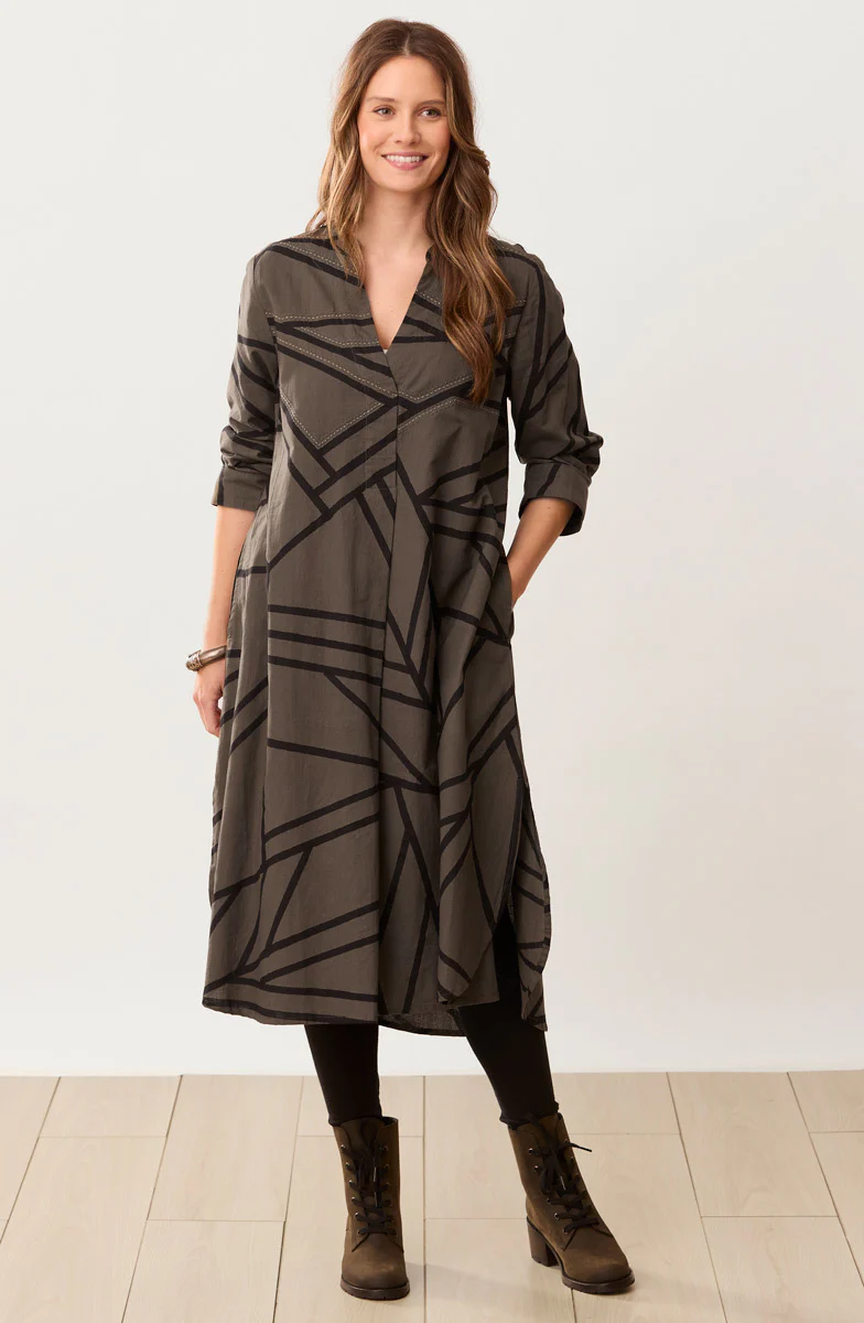 V-Neck Long-Sleeve Kurta Midi Dress - Dark olive