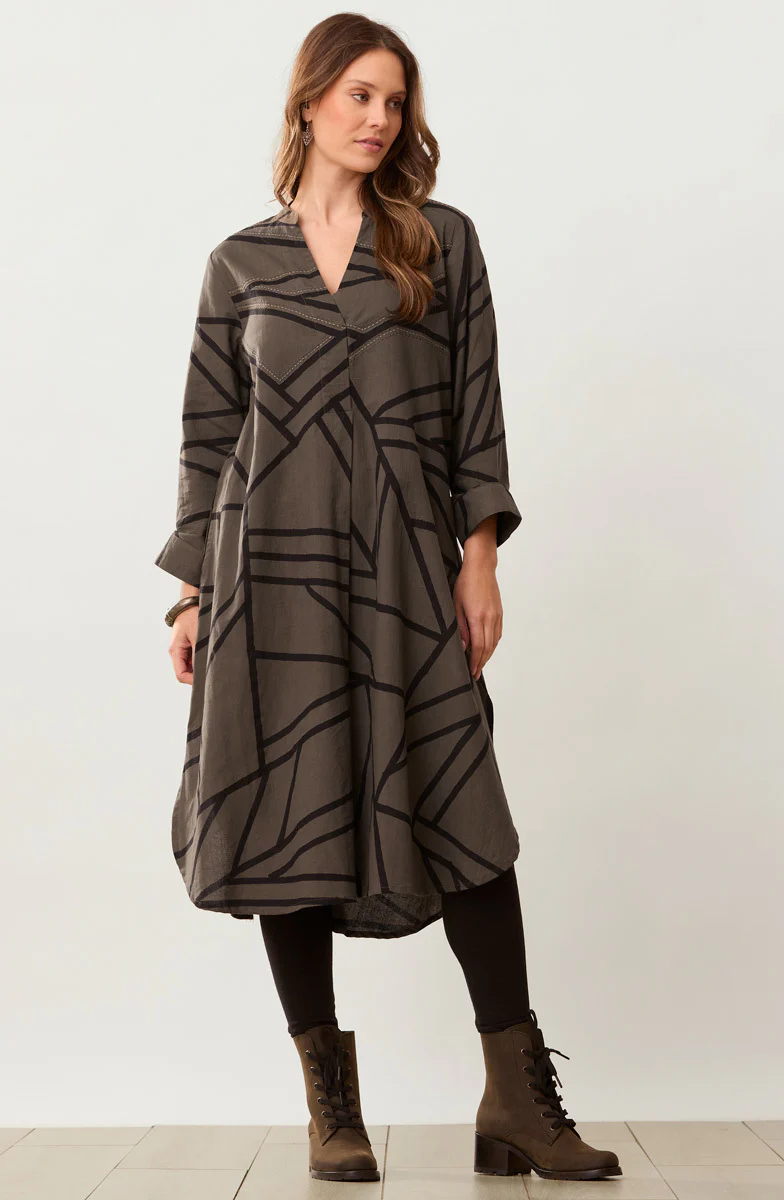 V-Neck Long-Sleeve Kurta Midi Dress - Dark olive - Image 2