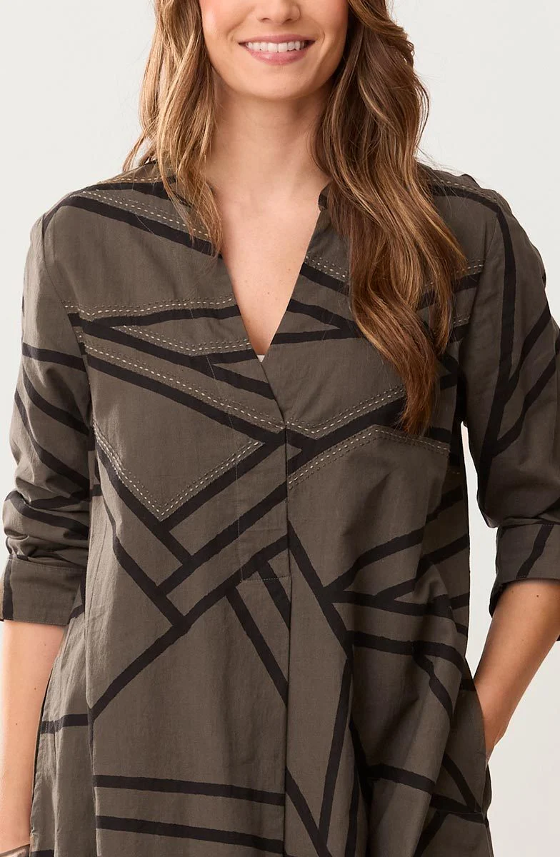 V-Neck Long-Sleeve Kurta Midi Dress - Dark olive - Image 3
