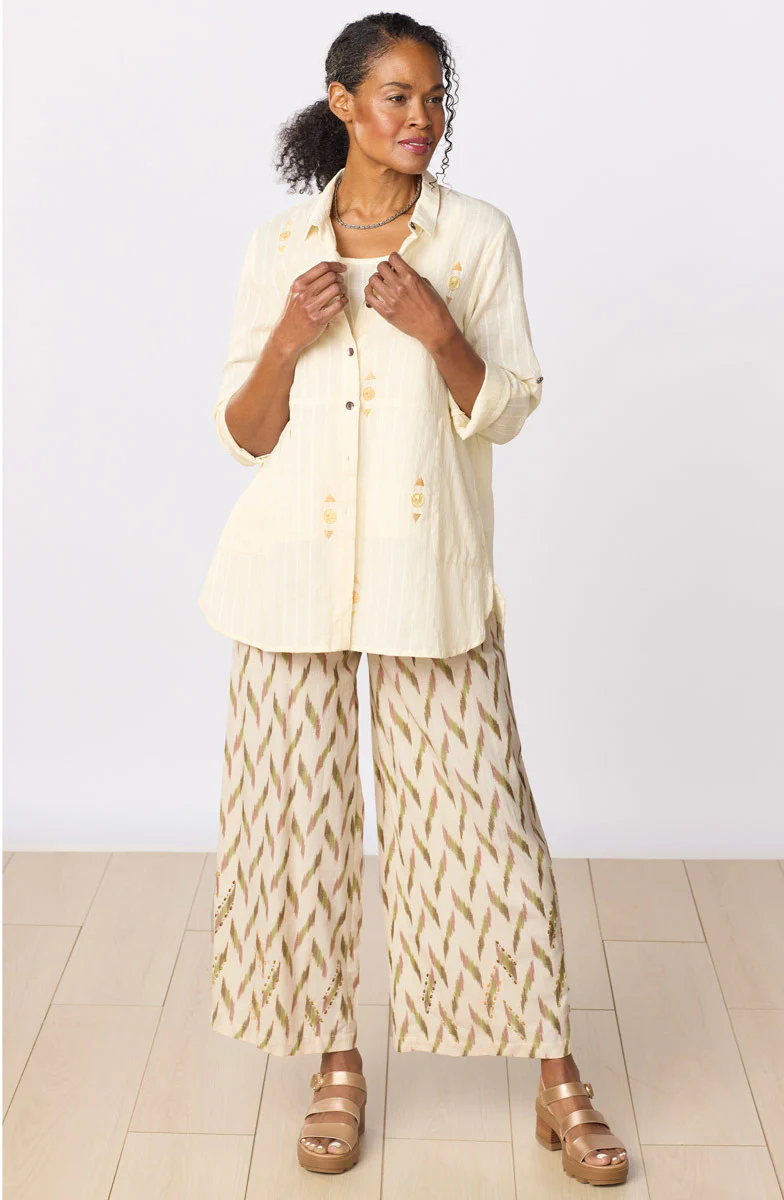 Lasksha Lightweight Button-Down Embroidered Shirt - Cream - Image 5