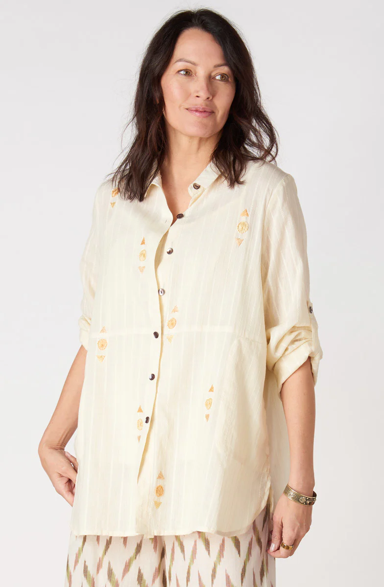 Lasksha Lightweight Button-Down Embroidered Shirt - Cream - Image 6